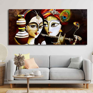 Radha Krishna With Flute Large Canvas Wall Painting