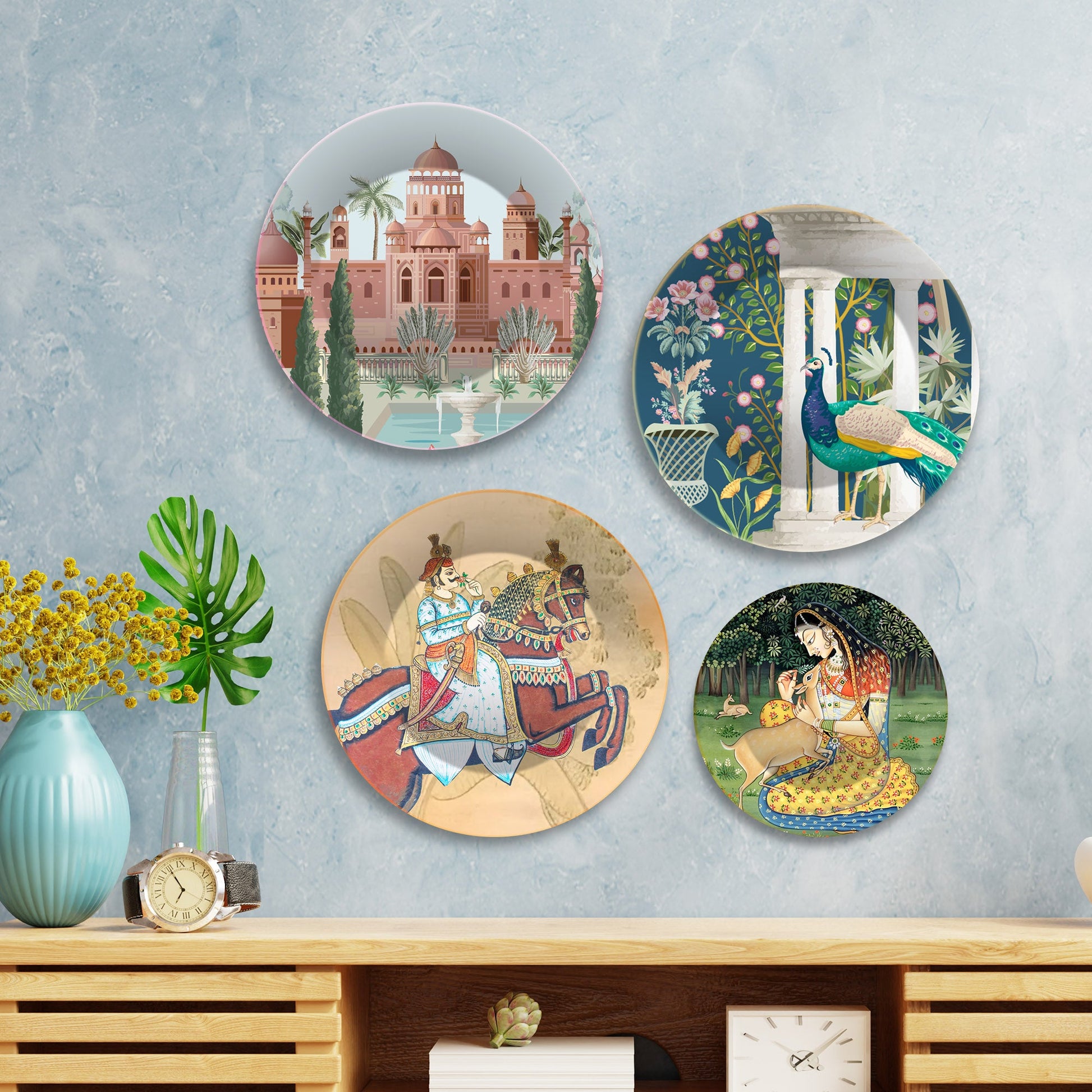 Rajasthani Mahararaj Premium Wall Plates Painting Set of Four