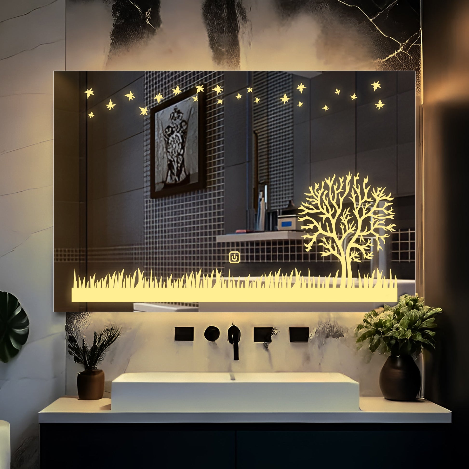 Rectangular Beautiful Theme Based Tree LED Bathroom Wall Mirror