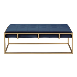 Rectangular Shaped Blue Velvet Ottoman with Golden Metal Finish