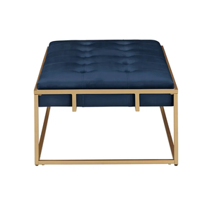 Rectangular Shaped Blue Velvet Ottoman with Golden Metal Finish