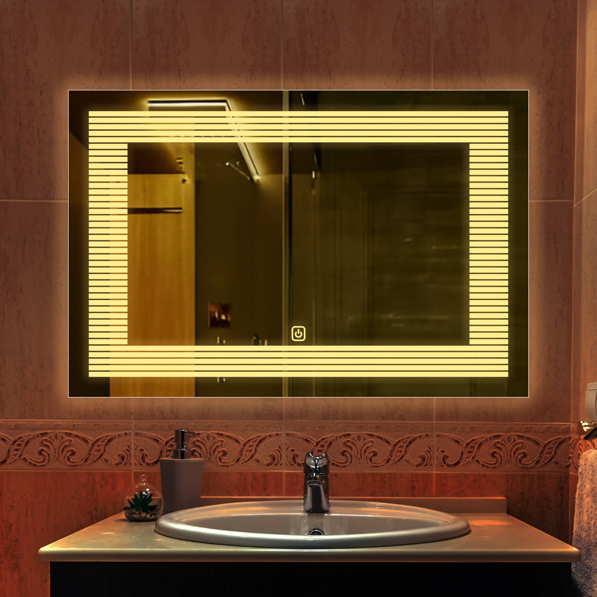 Rectangular Shaped Line Art Pattern LED Bathroom Wall Mirror – Homcraft