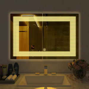 Rectangular Shaped Line Art Pattern LED Bathroom Wall Mirror