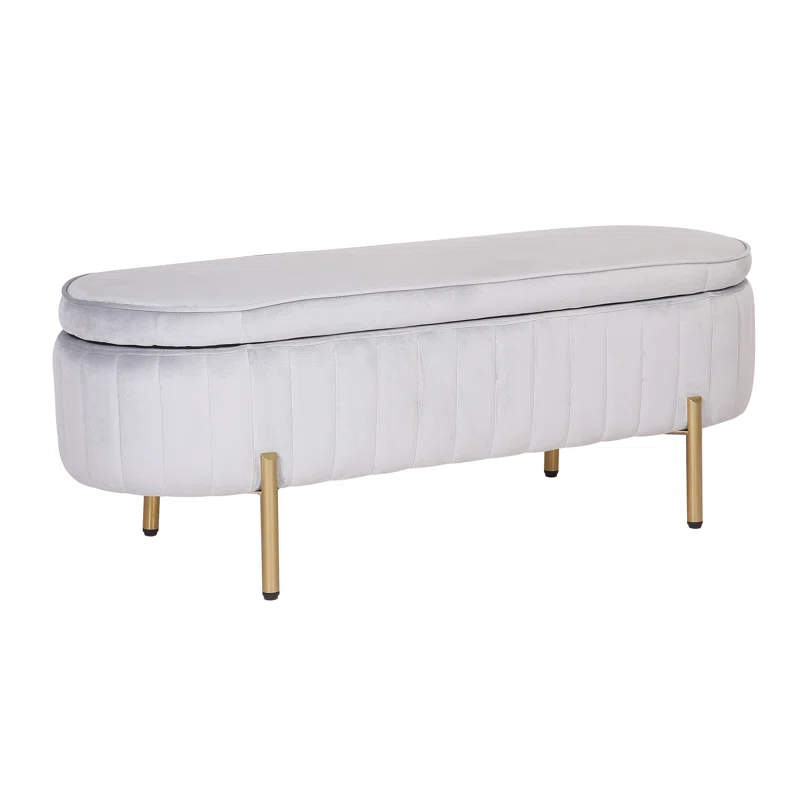 Rectangular Shaped White Velvet Storage Ottoman with Golden Metal Finish