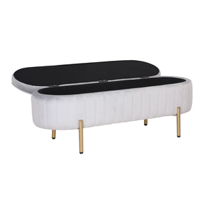 Rectangular Shaped White Velvet Storage Ottoman with Golden Metal Finish