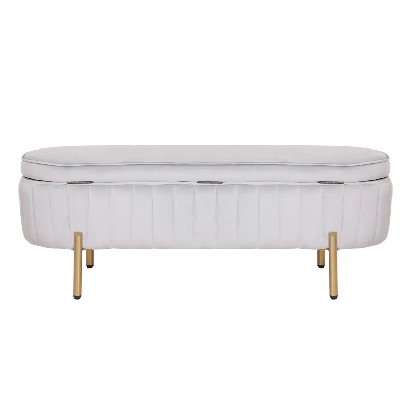 Rectangular Shaped White Velvet Storage Ottoman with Golden Metal Finish