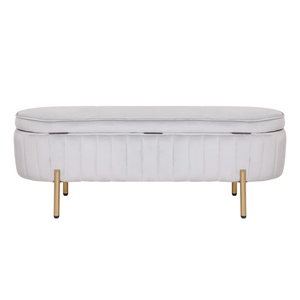 Rectangular Shaped White Velvet Storage Ottoman with Golden Metal Finish