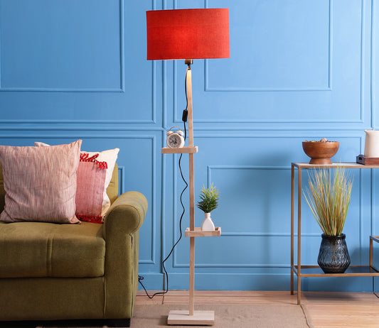 Red Fabric Double Shelf Floor Lamp with Natural Solid Wood Color Base