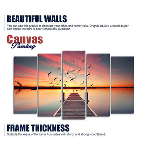 Romantic Wooden Jetty in Sunset Canvas wall Painting of Five Pieces