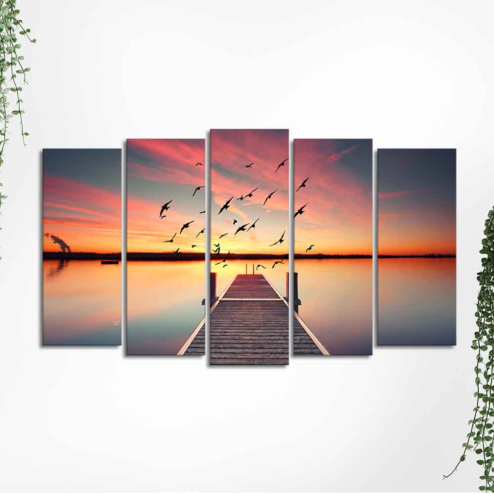 Romantic Wooden Jetty in Sunset Canvas wall Painting of Five Pieces