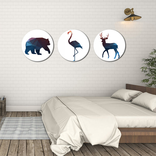 Round Shape Canvas Wall Painting of Wild Animals 3 Pieces