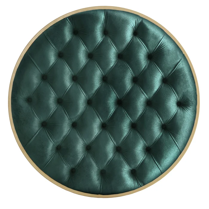 Round Shape Dark Green Velvet Ottoman with Golden Metal Finish