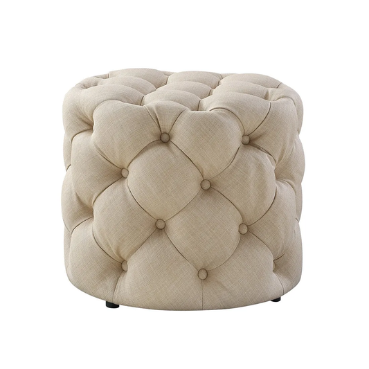 Round Shaped Beige Color Velvet Tufted Solid Puffy Ottoman