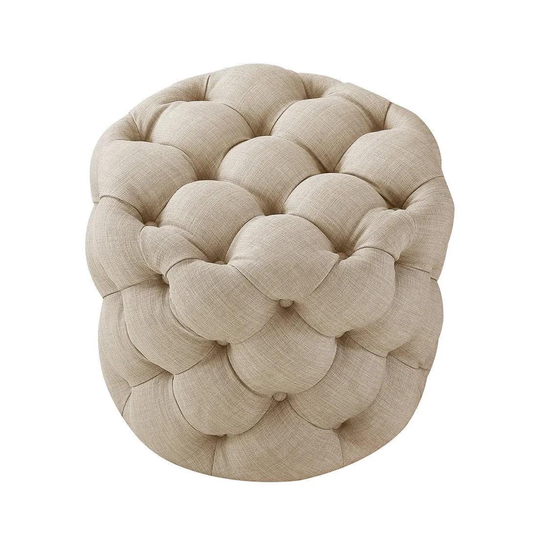 Round Shaped Beige Color Velvet Tufted Solid Puffy Ottoman