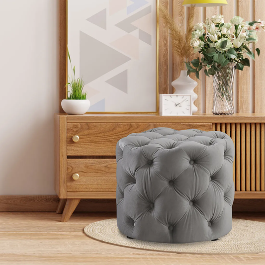 Round Shaped Grey Color Velvet Tufted Solid Puffy Ottoman