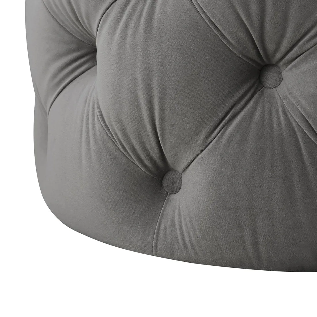 Round Shaped Grey Color Velvet Tufted Solid Puffy Ottoman