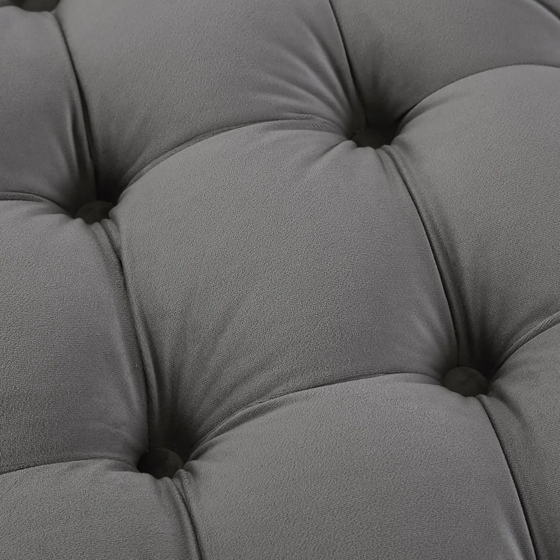 Round Shaped Grey Color Velvet Tufted Solid Puffy Ottoman