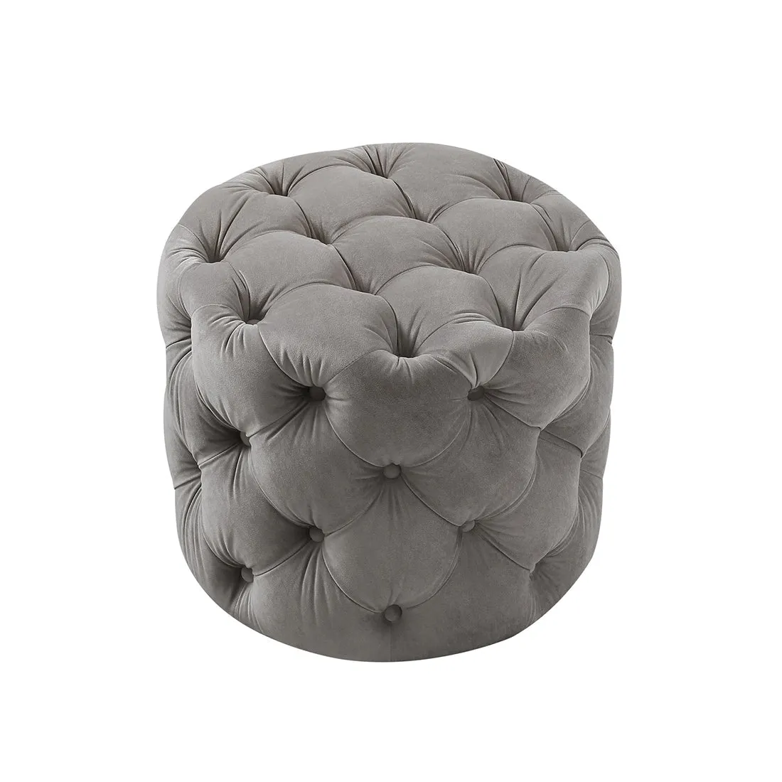 Round Shaped Grey Color Velvet Tufted Solid Puffy Ottoman