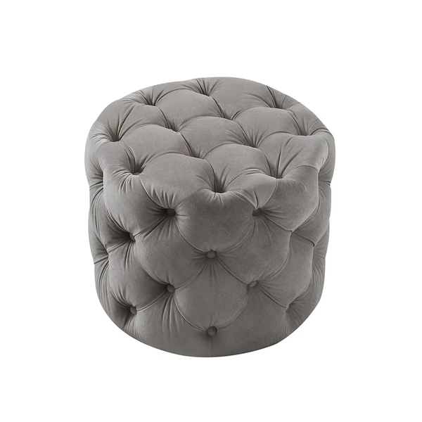 Round Shaped Grey Color Velvet Tufted Solid Puffy Ottoman