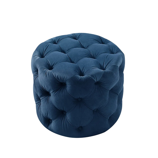 Rounded Shape Dark Blue Color Velvet Tufted Solid Puffy Ottoman