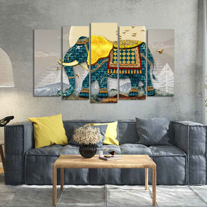 Royal Elephant With Golden Tusks Canvas Wall Painting of Five Pieces