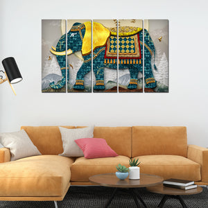 Royal Elephant With Golden Tusks Canvas Wall Painting Set of Five