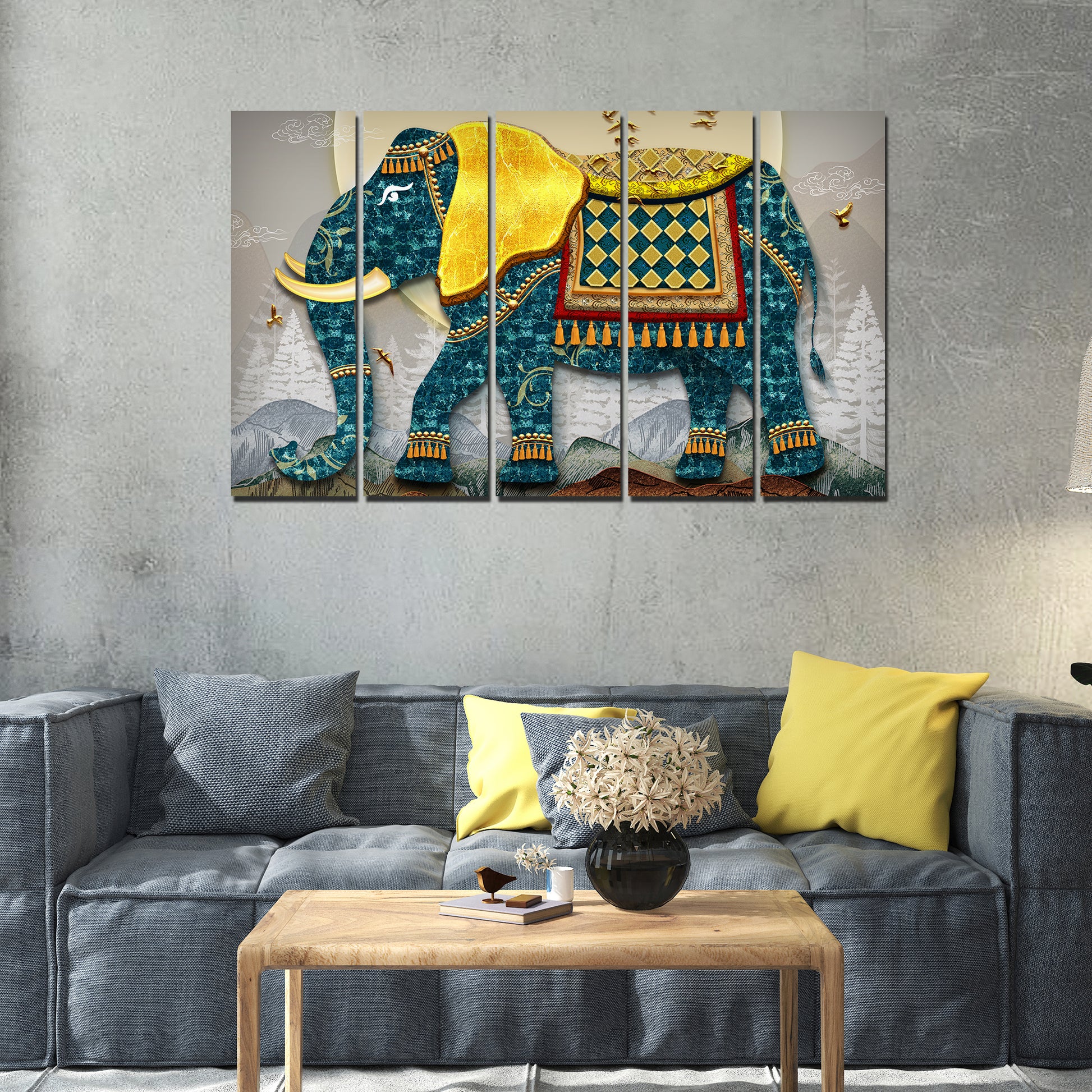 Royal Elephant With Golden Tusks Canvas Wall Painting Set of Five