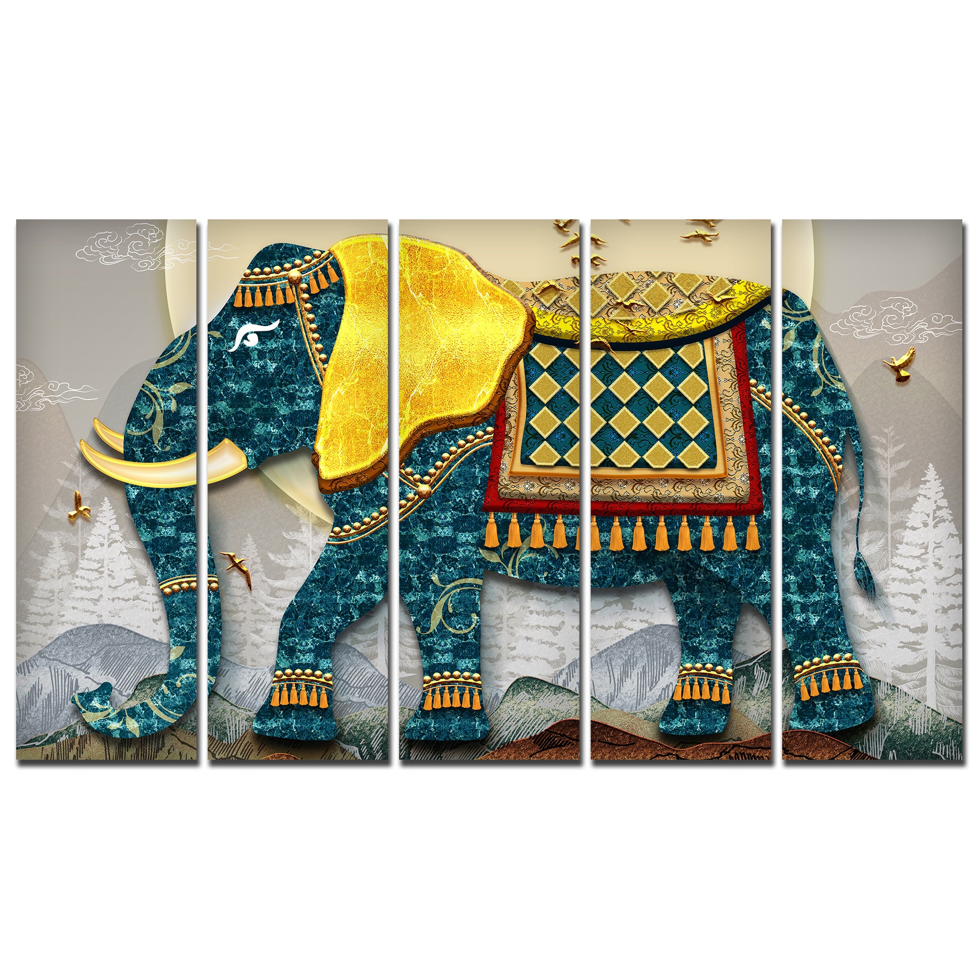 Royal Elephant With Golden Tusks Canvas Wall Painting Set of Five