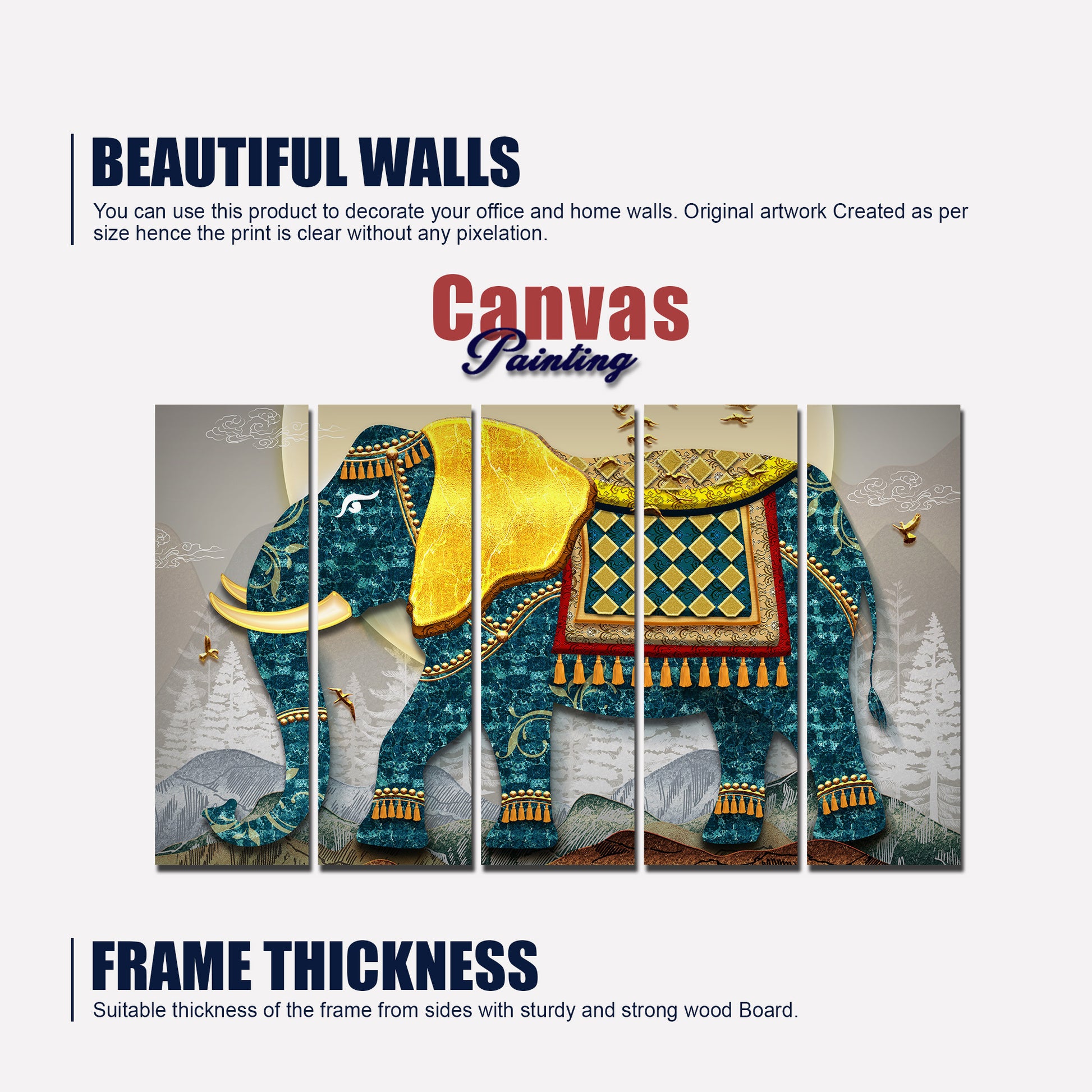 Royal Elephant With Golden Tusks Canvas Wall Painting Set of Five