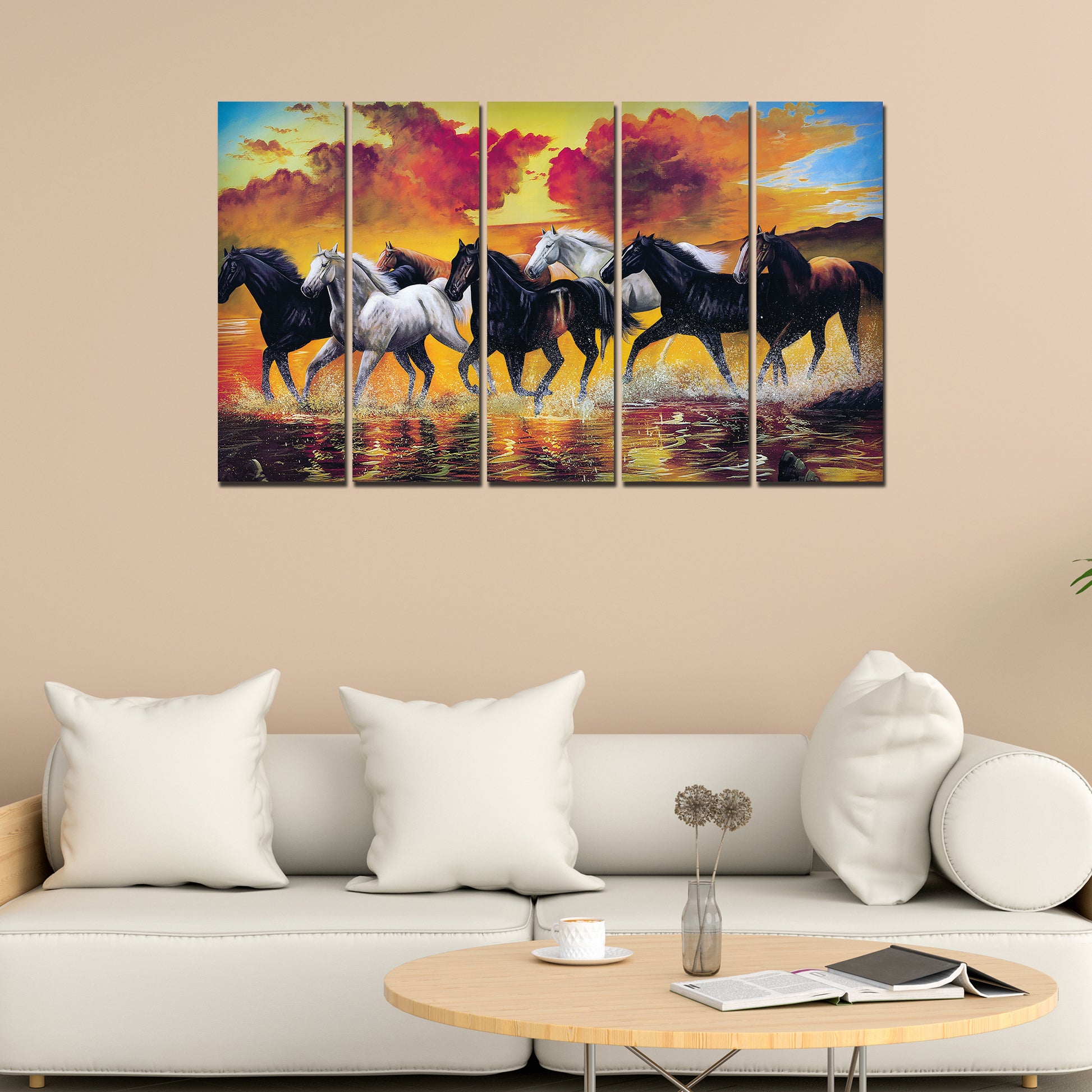 Running Seven Horses Canvas Wall Painting 5 Pieces