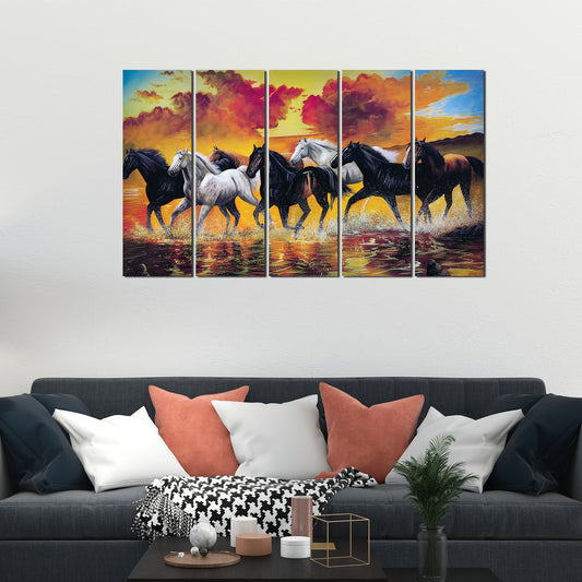 Running Seven Horses Canvas Wall Painting 5 Pieces