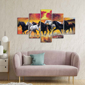 Running Seven Horses Wall Painting Five Pieces