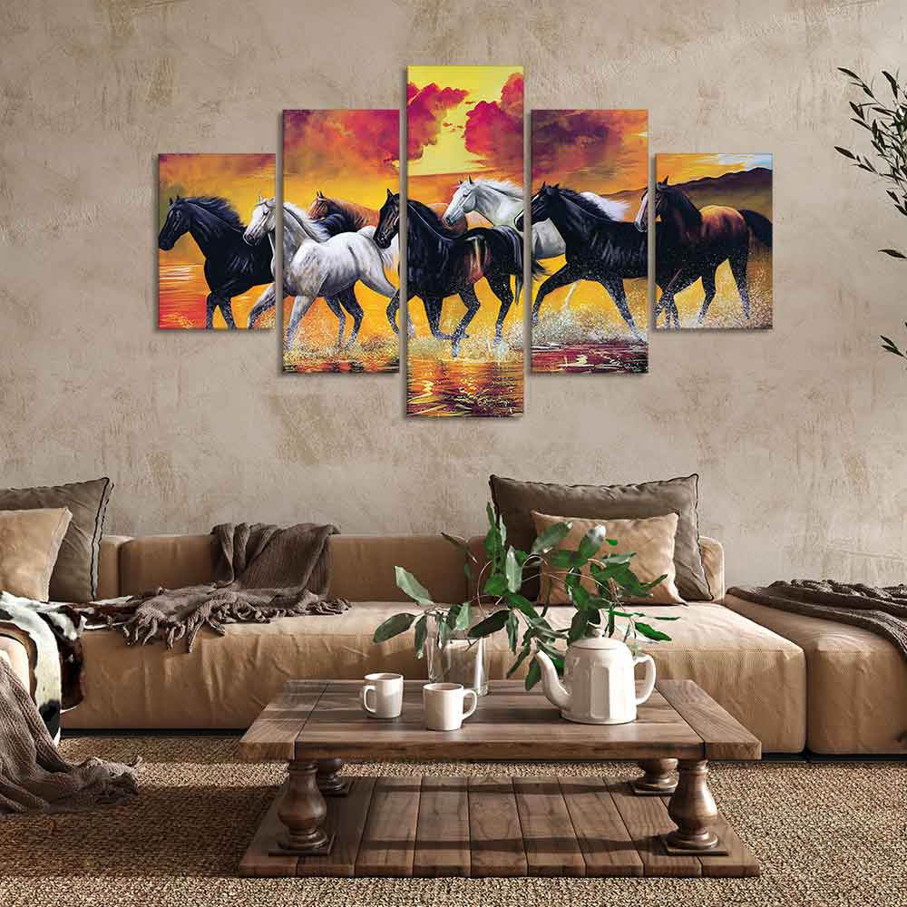 Running Seven Horses Wall Painting Five Pieces