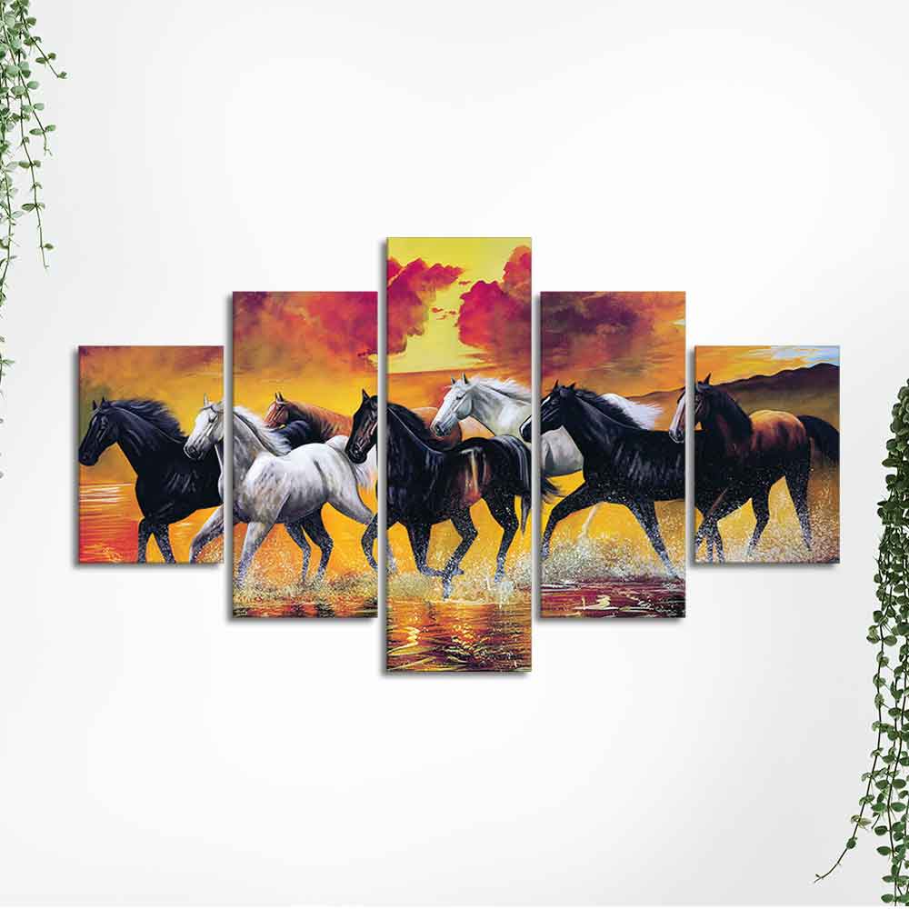 Running Seven Horses Wall Painting Five Pieces