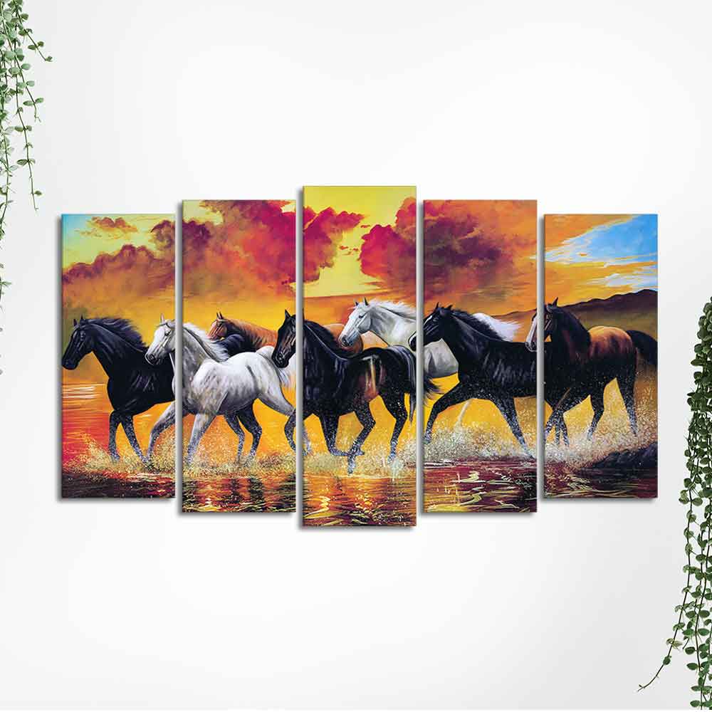 Running Seven Horses Wall Painting of Five Pieces