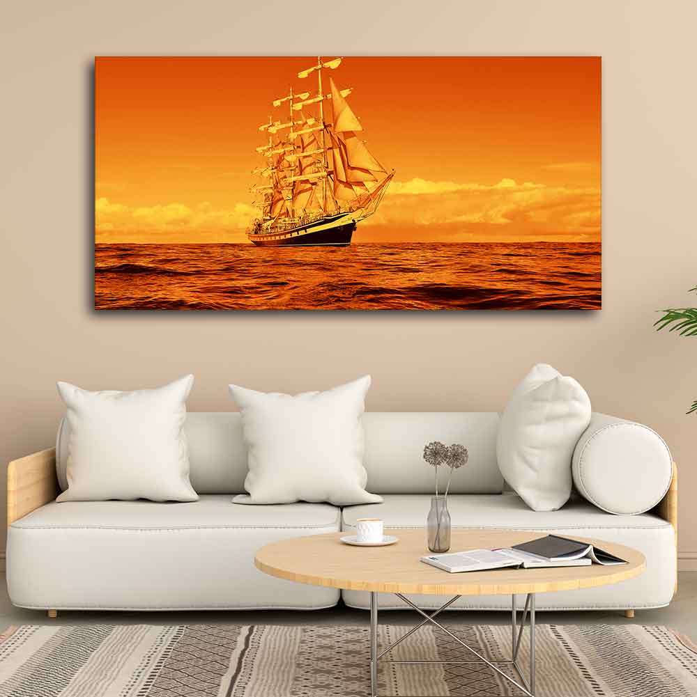 Sailing Ship in a Beautiful Golden Hour Premium Wall Painting