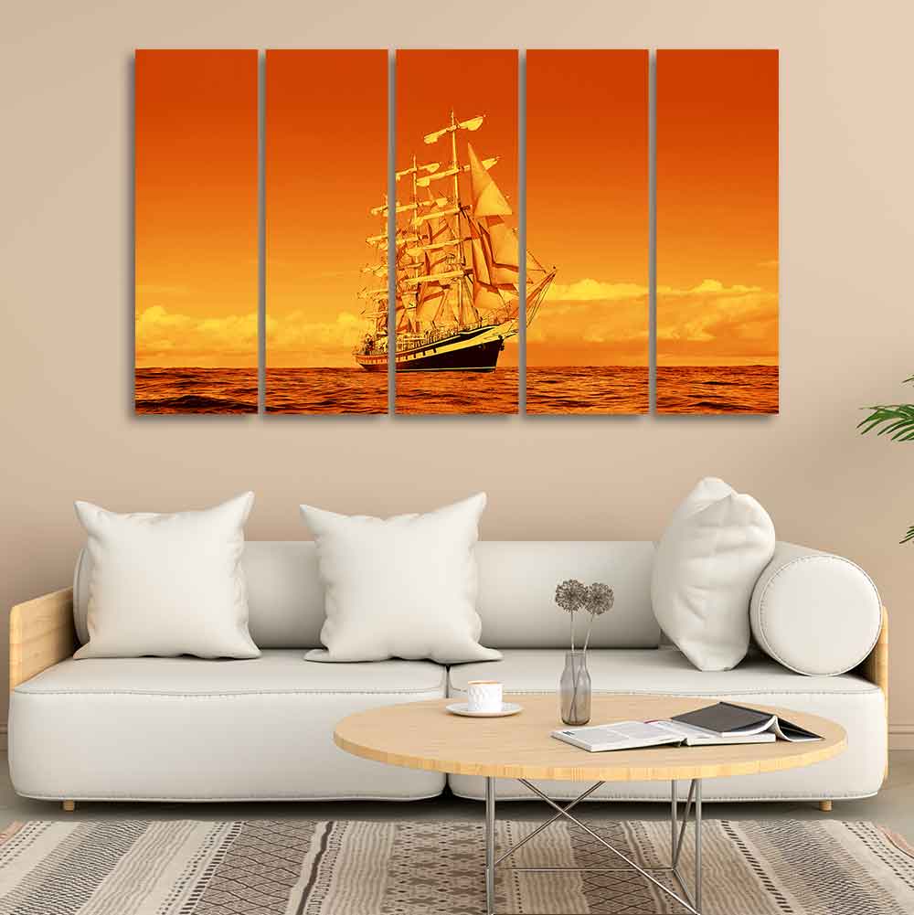 Sailing Ship in Golden Hour Premium Wall Painting Set of Five