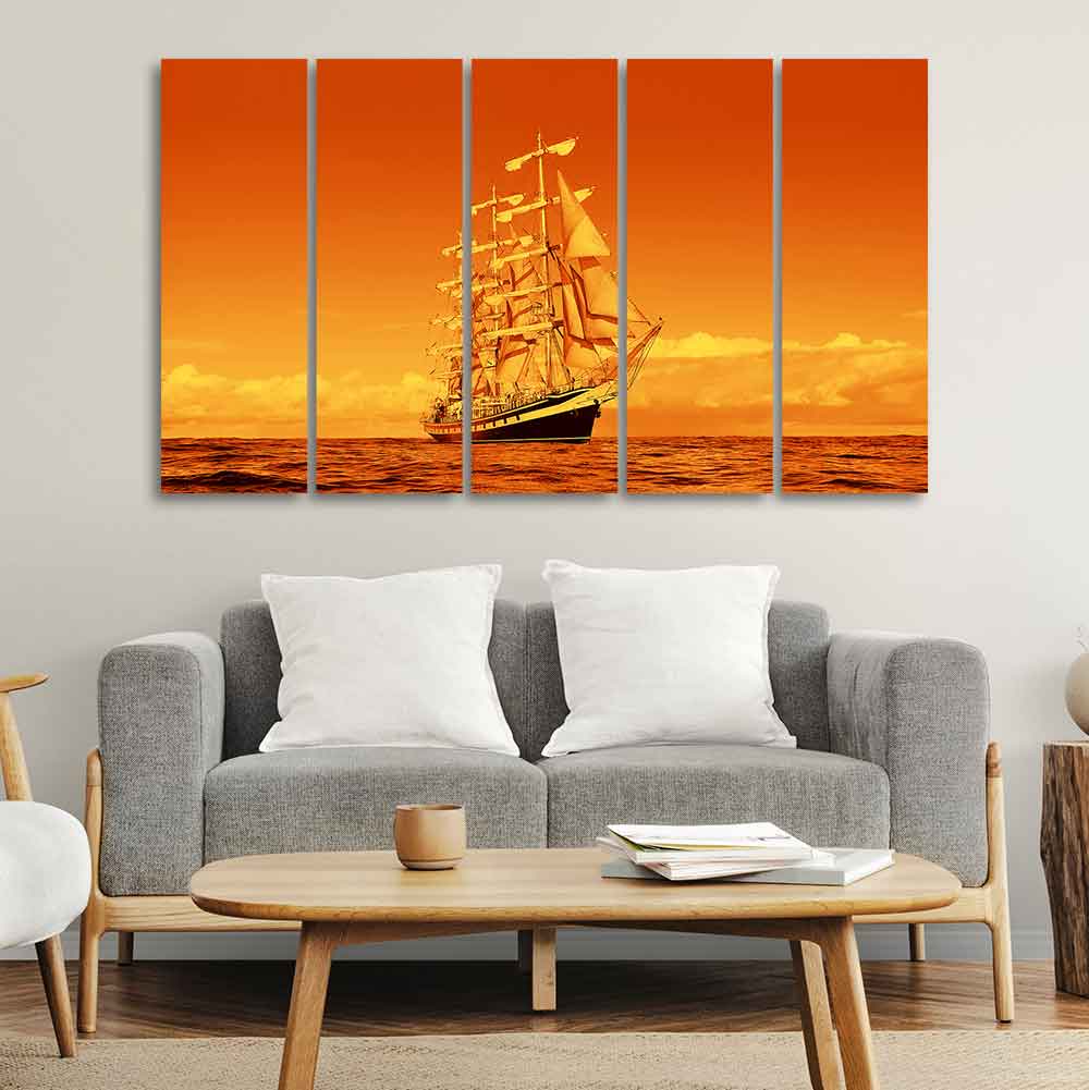 Sailing Ship in Golden Hour Premium Wall Painting Set of Five