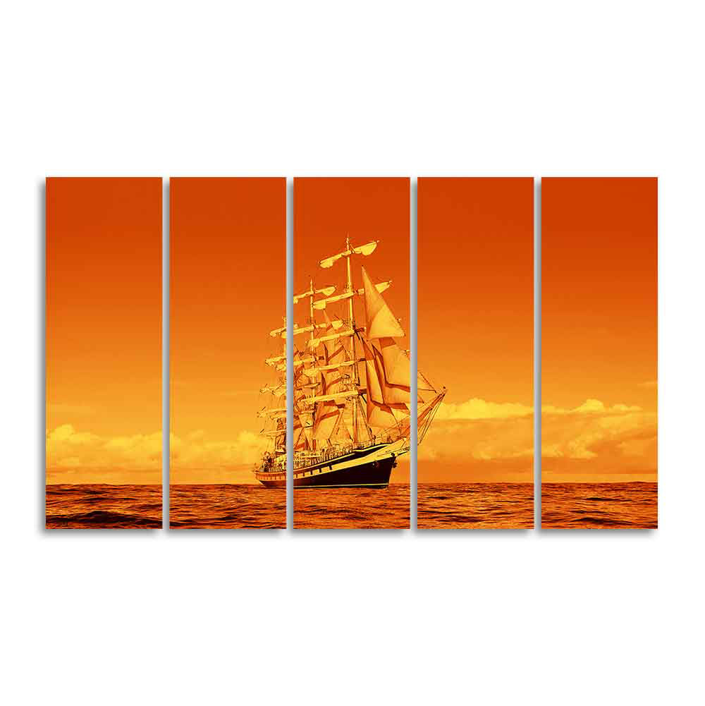 Sailing Ship in Golden Hour Premium Wall Painting Set of Five