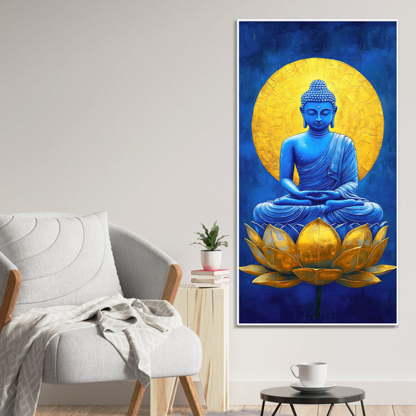 Serene Meditating Buddha on Golden Lotus Flower Canvas Wall Painting