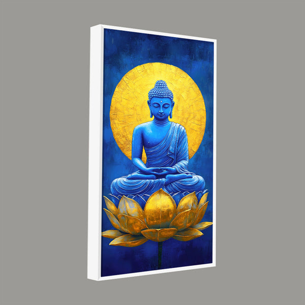 Serene Meditating Buddha on Golden Lotus Flower Canvas Wall Painting