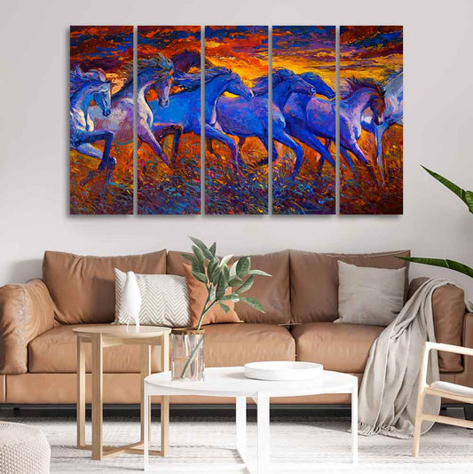 Seven Horse Running in Field Five Pieces Canvas wall Painting