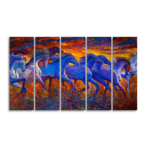 Seven Horse Running in Field Five Pieces Canvas wall Painting