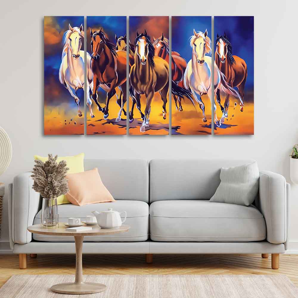 Seven Horses Five Pieces Premium Canvas Bedroom Wall Painting