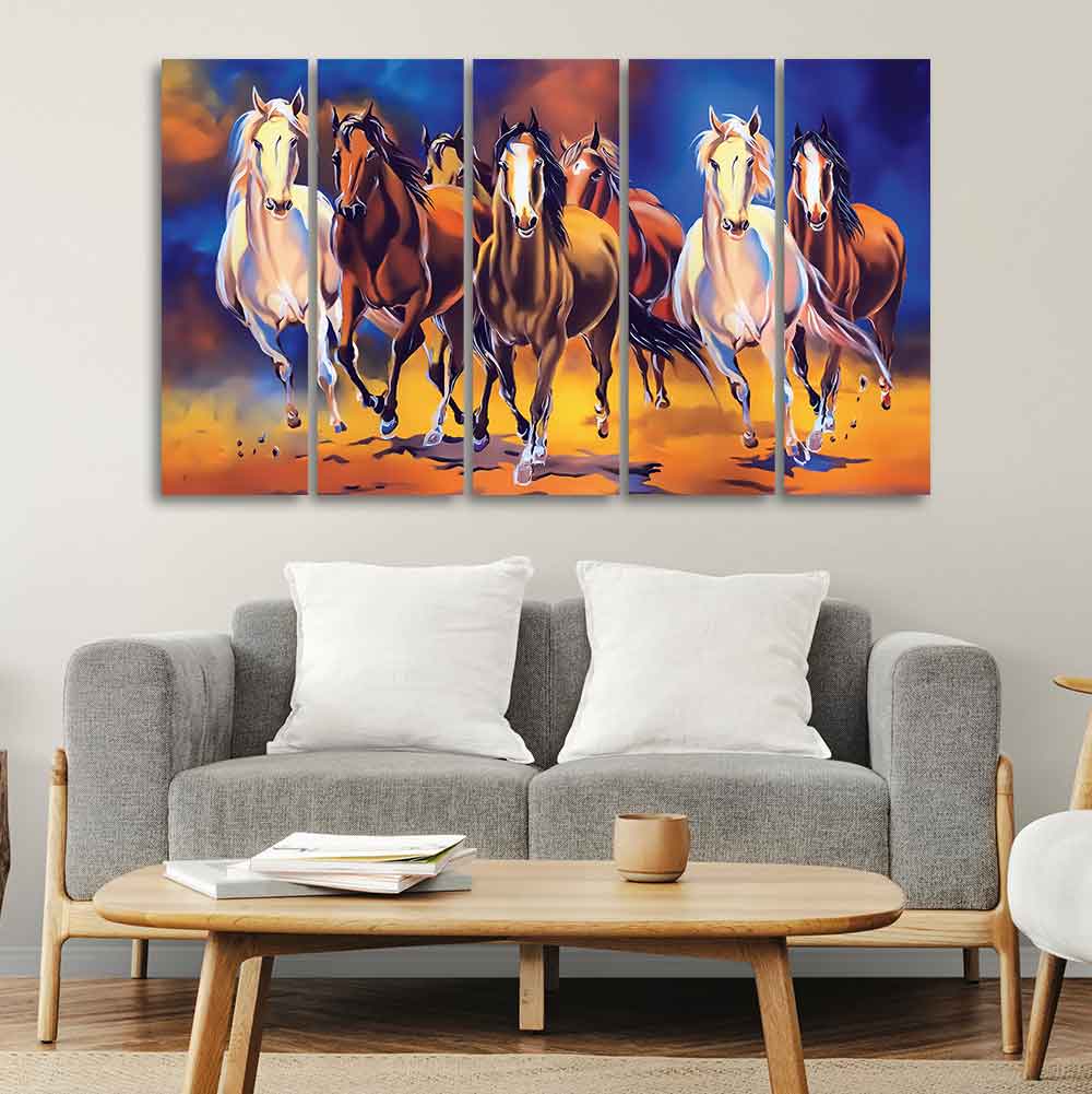 Seven Horses Five Pieces Premium Canvas Bedroom Wall Painting