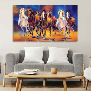 Seven Horses Five Pieces Premium Canvas Bedroom Wall Painting