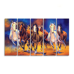 Seven Horses Five Pieces Premium Canvas Bedroom Wall Painting