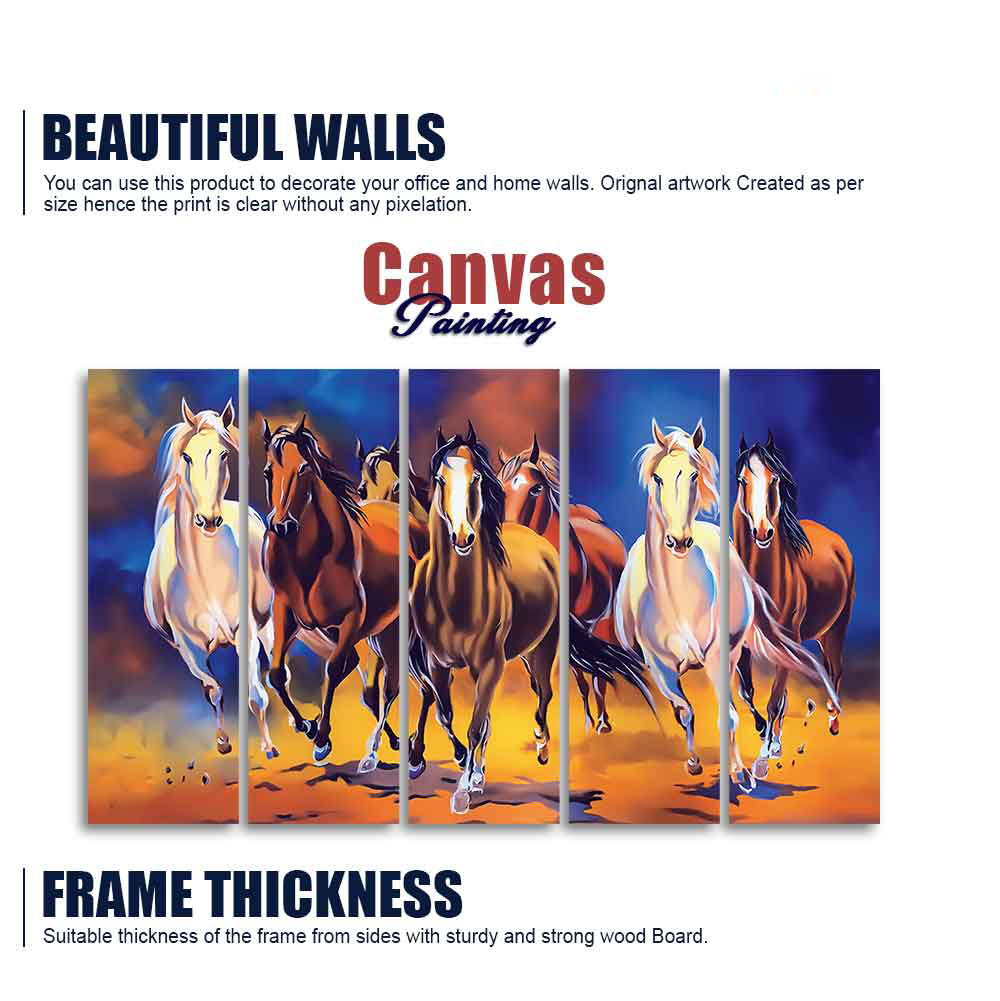 Seven Horses Five Pieces Premium Canvas Bedroom Wall Painting