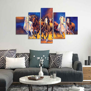 Seven Horses Five Pieces Premium Canvas Wall Painting