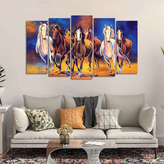 Seven Horses Set of Five Pieces Premium Canvas Wall Painting